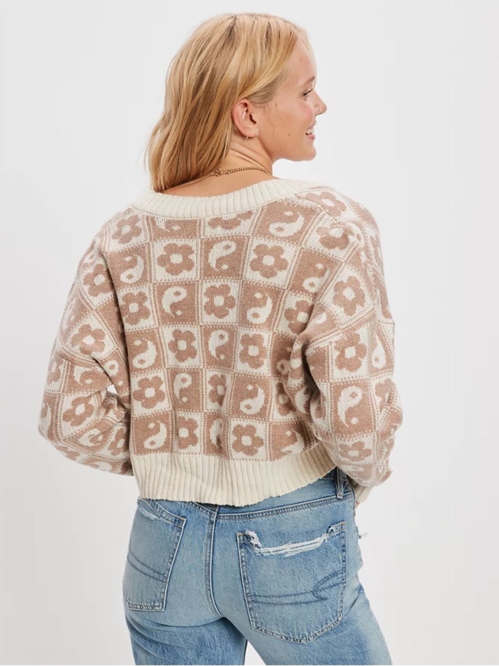 American Eagle Outfitters Beige Floral Cropped Cardigan - Picture 2 of 8